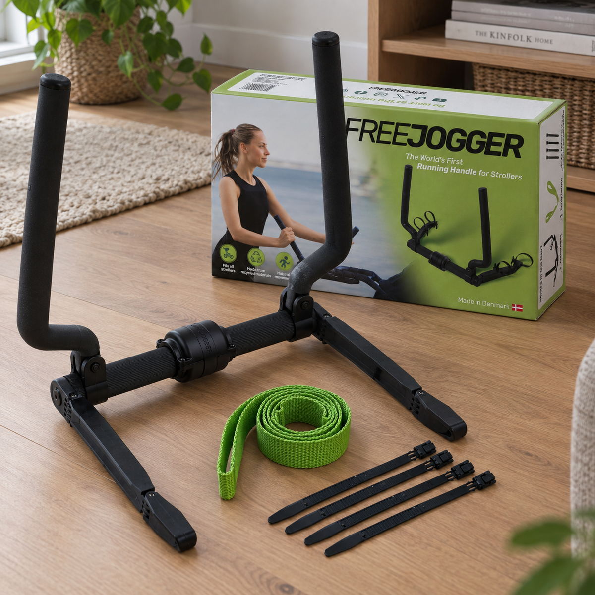 FREEJOGGER pack shot featuring the running handle displayed in front of the official shipping box with the green wrist safety strap and 4 black fastening straps
